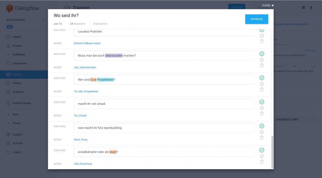 Interface des Interactive Pioneers VideoBot in Dialog Flow